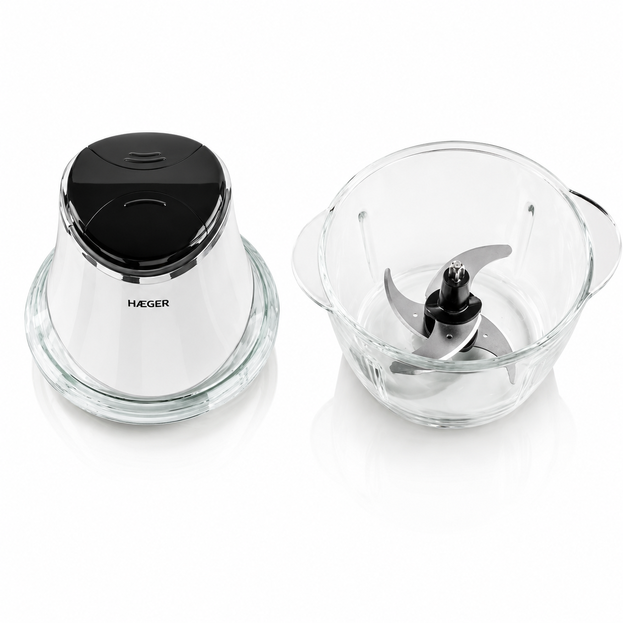 Tocator de legume electric HAEGER CHOPPER GLASS, Capacitate 1.2L, vas sticla, 300W, 4 lame inox, 2 viteze, Piese detasabile usor de curatat, Alb [1]