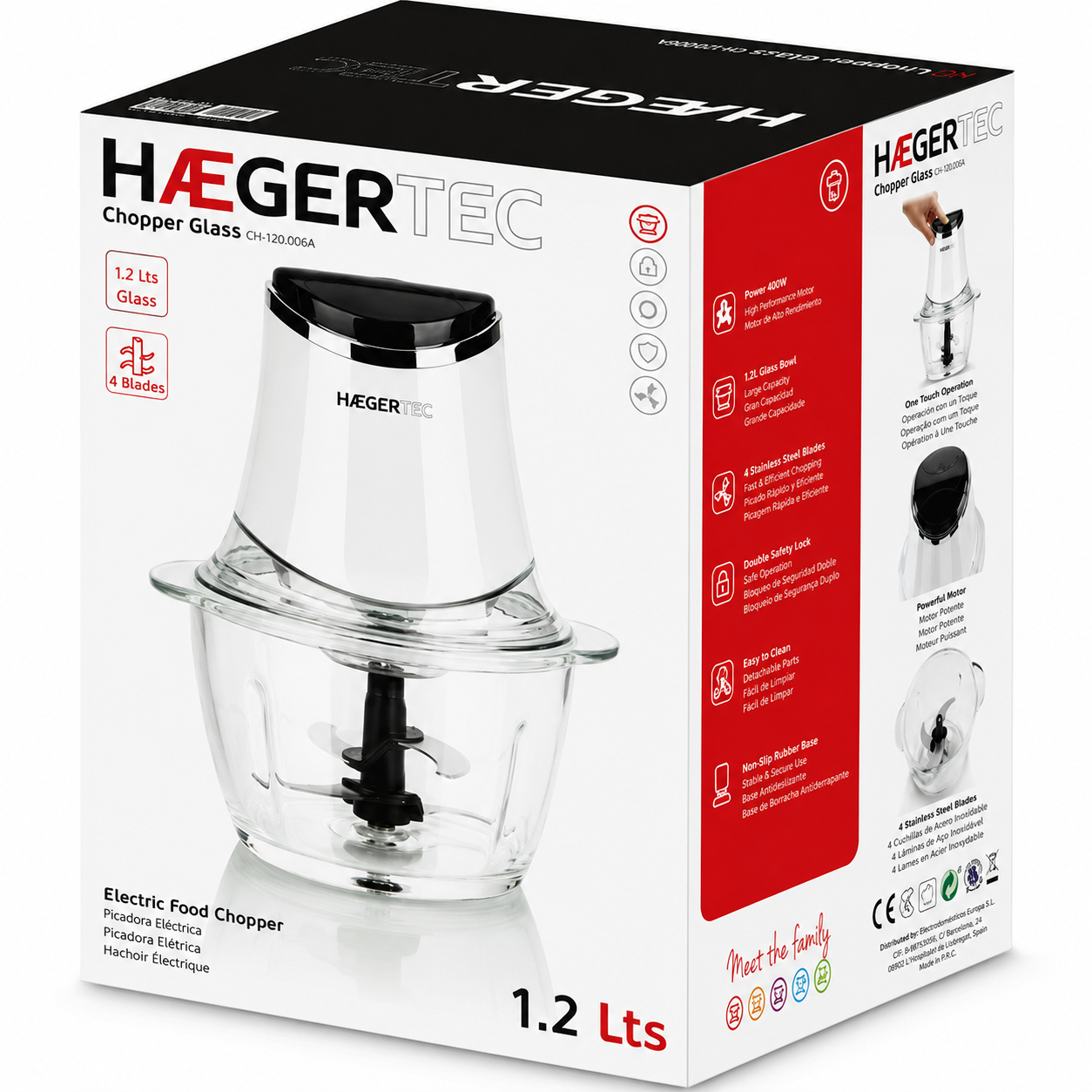 Tocator de legume electric HAEGER CHOPPER GLASS, Capacitate 1.2L, vas sticla, 300W, 4 lame inox, 2 viteze, Piese detasabile usor de curatat, Alb [3]