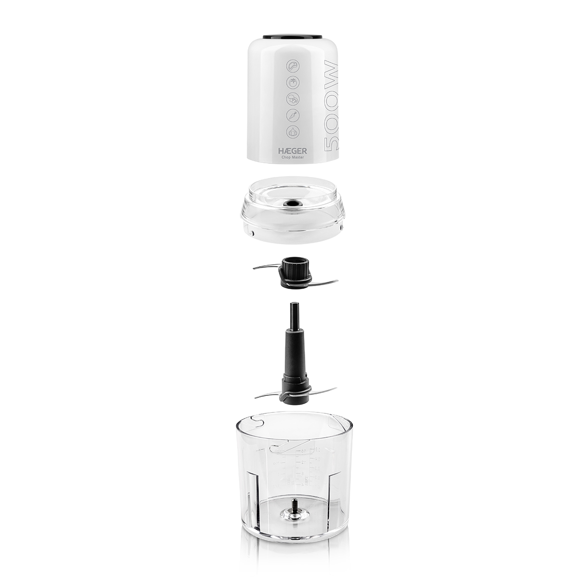 Tocator electric HAEGER CHOP MASTER, Putere 500 W, Bol 500 ml, 4 lame din inox, 2 viteze, Pornire prin apasare, Alb [1]