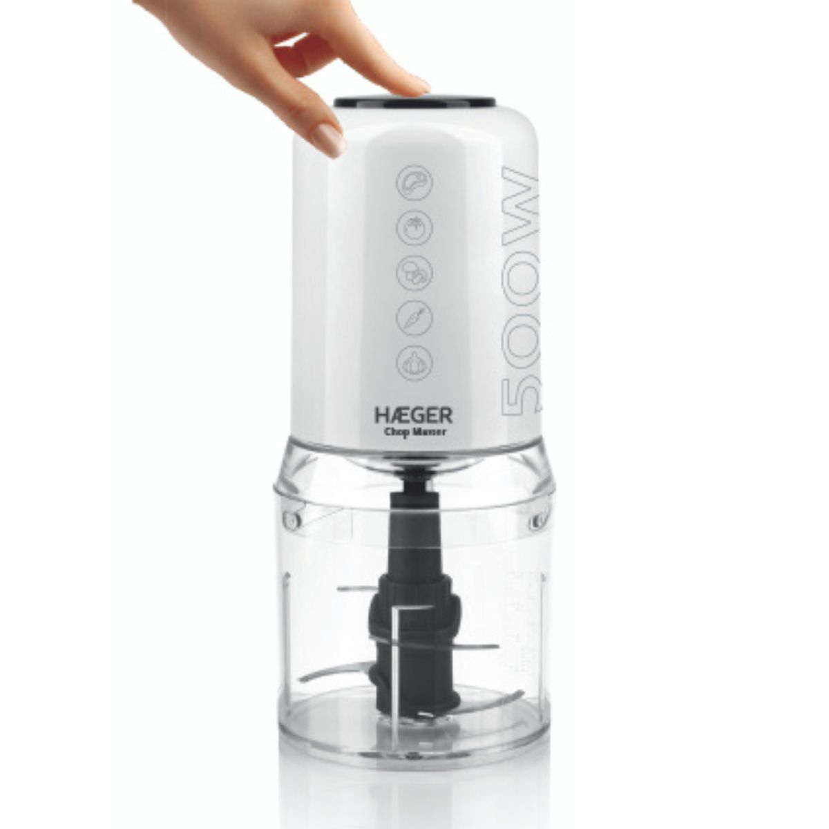 Tocator electric HAEGER CHOP MASTER, Putere 500 W, Bol 500 ml, 4 lame din inox, 2 viteze, Pornire prin apasare, Alb [3]
