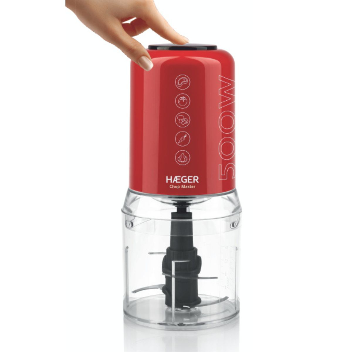 Tocator electric HAEGER CHOP MASTER, Putere 500 W, Bol 500 ml, 4 lame din inox, 2 viteze, Pornire prin apasare, Rosu [3]
