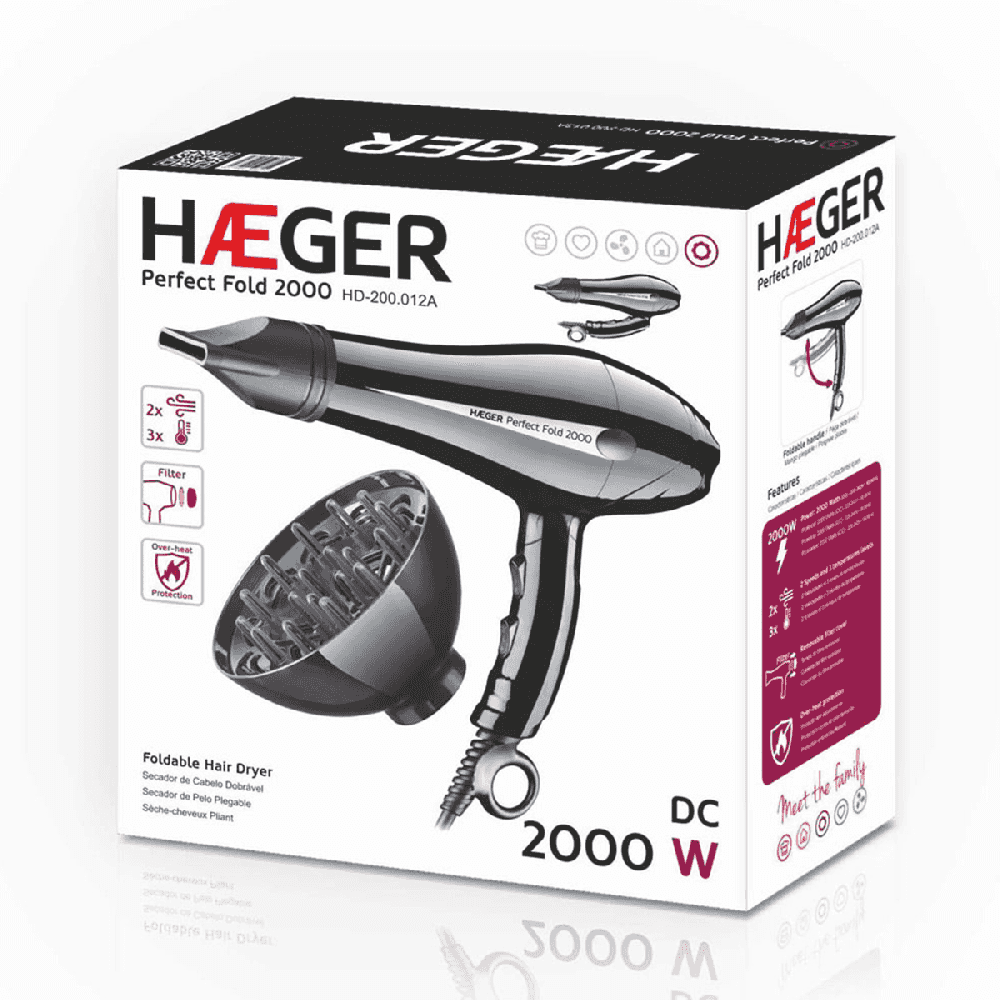 Uscator de par HAEGER PERFECT FOLD, Putere 2000 W, Motor DC, 2 viteze, 3 nivele de temperatura, Concentrator si difuzor incluse, Maner rabatabil [4]