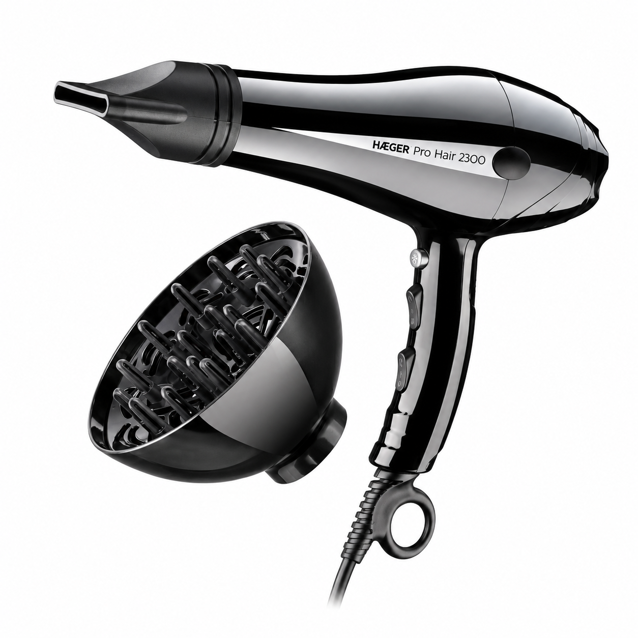 Uscator de par HAEGER PRO HAIR, Putere 2300 W, Motor DC profesional, 2 viteze, 3 nivele de temperatura, Concentrator si difuzor incluse, Negru [1]