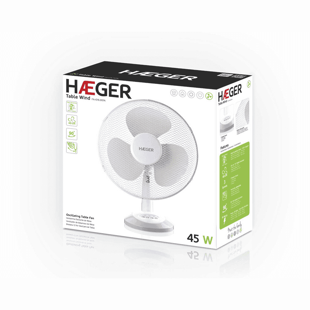 Ventilator de masa HAEGER TABLE WIND, Diametru 40 cm, Putere 50 W, 3 viteze, Oscilatie 90 grade, Functionare silentioasa [1]