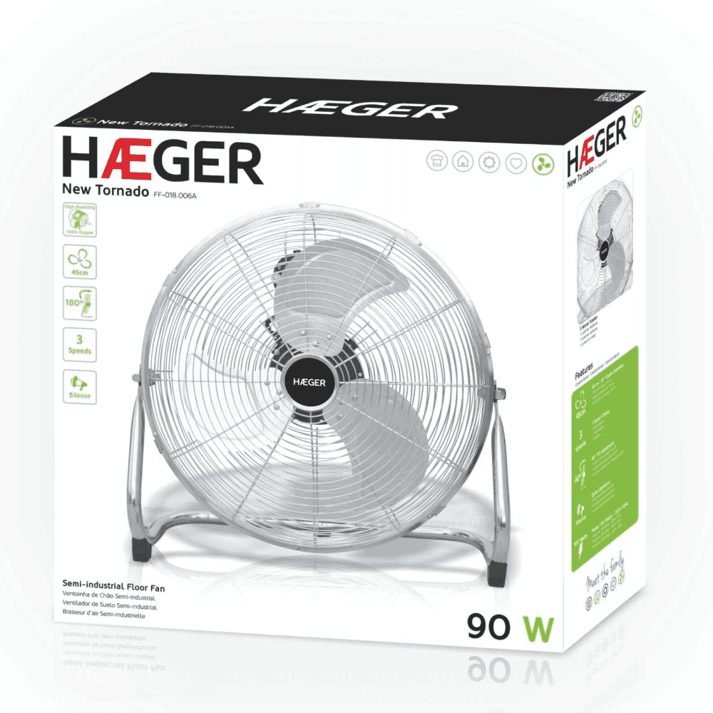 Ventilator de podea semi-industrial HAEGER NEW TORNADO, Diametru 45 cm, Putere 90 W, Corp metalic cromat, 3 viteze, Inclinare reglabila [1]