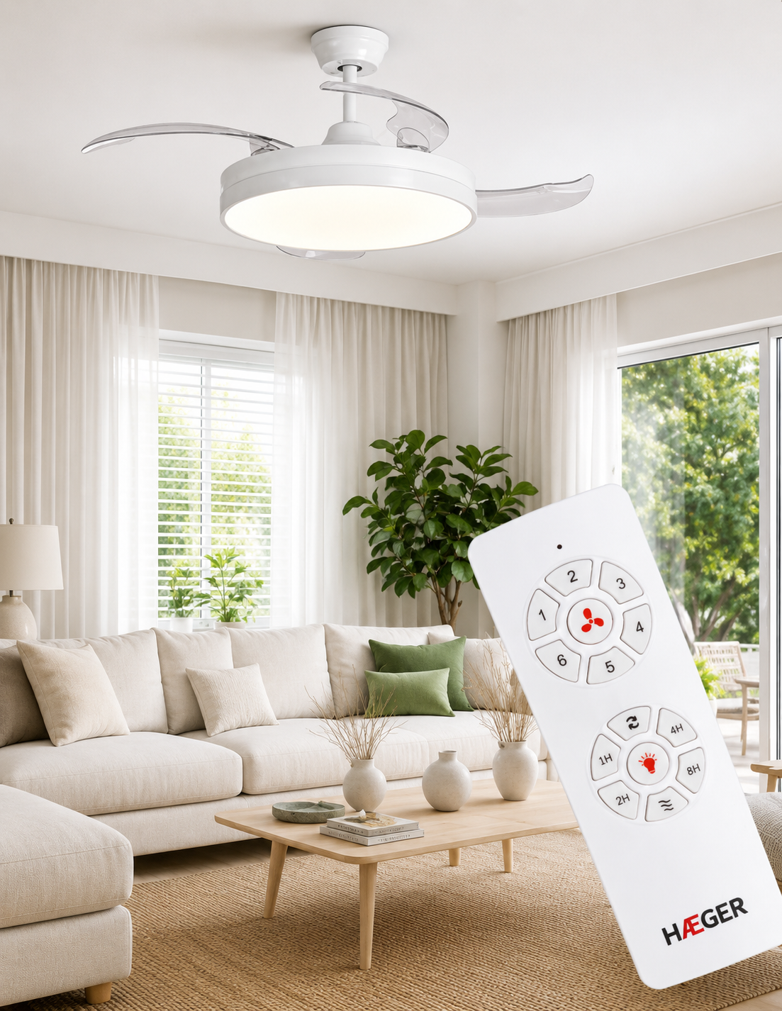 Ventilator de tavan cu iluminare LED HAEGER BRIGHT WHITE, Diametru 107 cm, Telecomanda, 6 viteze, Timer, 24 W, Silentios, Rotatie reversibila iarna/vara, Alb [1]
