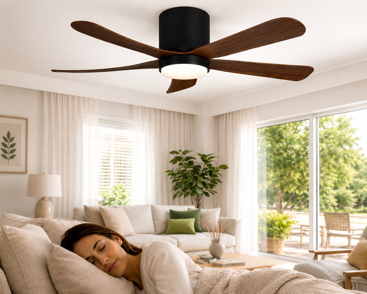 Ventilator de tavan cu iluminare LED HAEGER DARK WOOD, Diametru 142 cm, Telecomanda, 6 viteze, Timer, 64 W, Silentios, Rotatie reversibila iarna/vara, Lemn inchis [1]