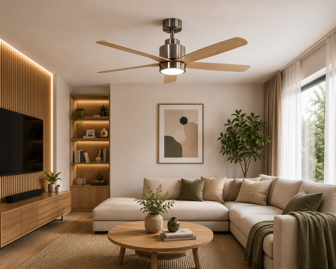 Ventilator de tavan cu iluminare LED HAEGER HIGH LIGHT, Diametru 135 cm, Telecomanda, 6 viteze, Timer, 64 W, Silentios, Rotatie reversibila iarna/vara, Lemn natur [1]
