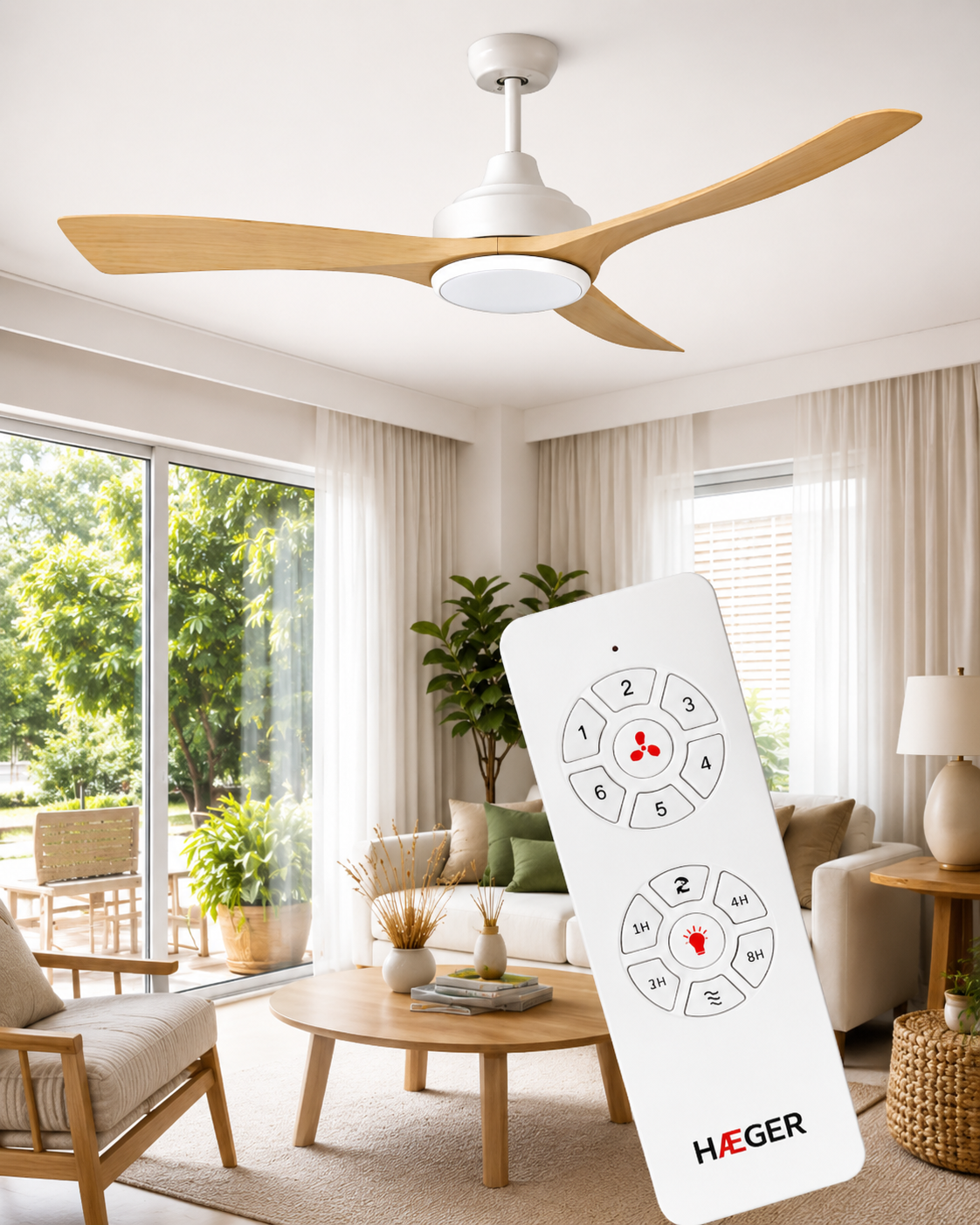 Ventilator de tavan cu iluminare LED HAEGER NATURE LIGHT PLUS, Diametru 142 cm, Telecomanda, 6 viteze, Timer, 68 W, Silentios, Rotatie reversibila iarna/vara, Lemn [1]