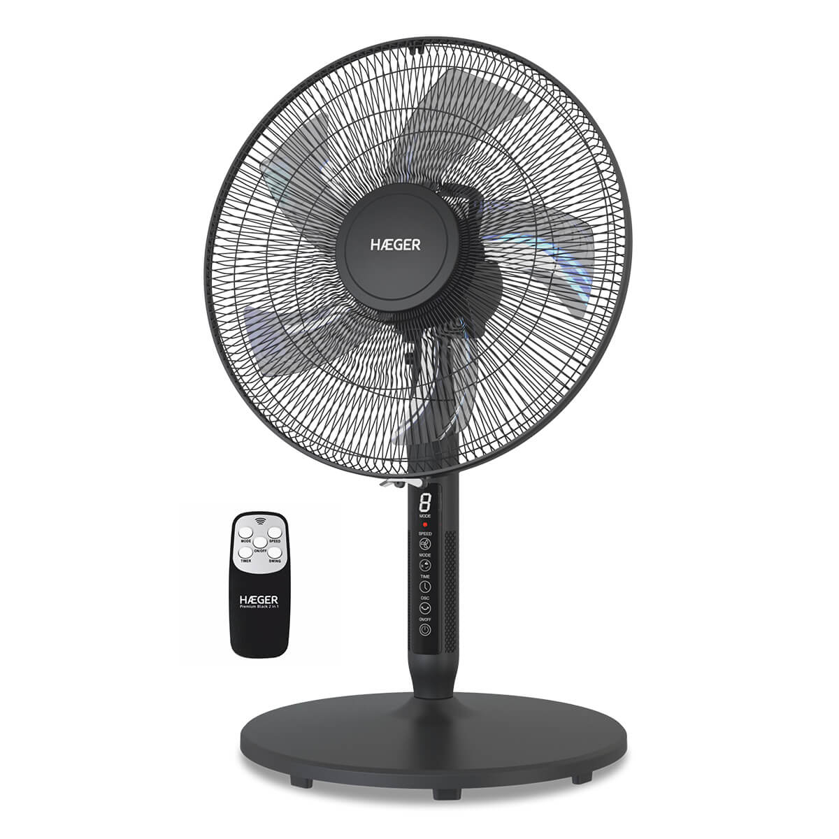 Ventilator digital cu picior HAEGER PREMIUM 2 in 1, Diametru 45 cm, Putere 55 W, 3 viteze, 5 palete, Motor 100% cupru, Negru [1]