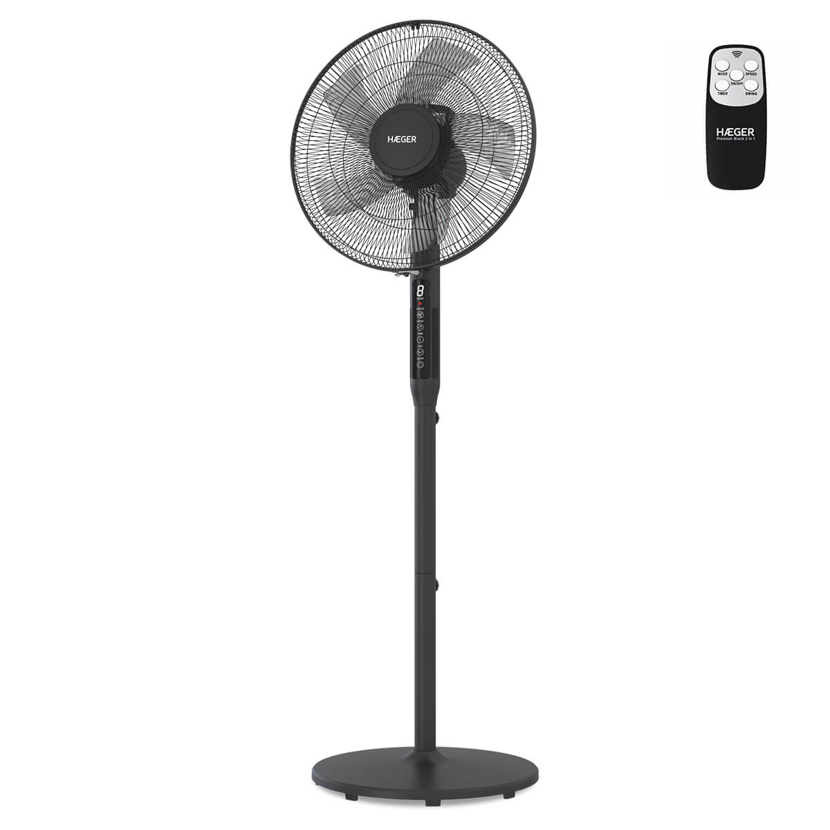 Ventilator digital cu picior HAEGER PREMIUM 2 in 1, Diametru 45 cm, Putere 55 W, 3 viteze, 5 palete, Motor 100% cupru, Negru [2]