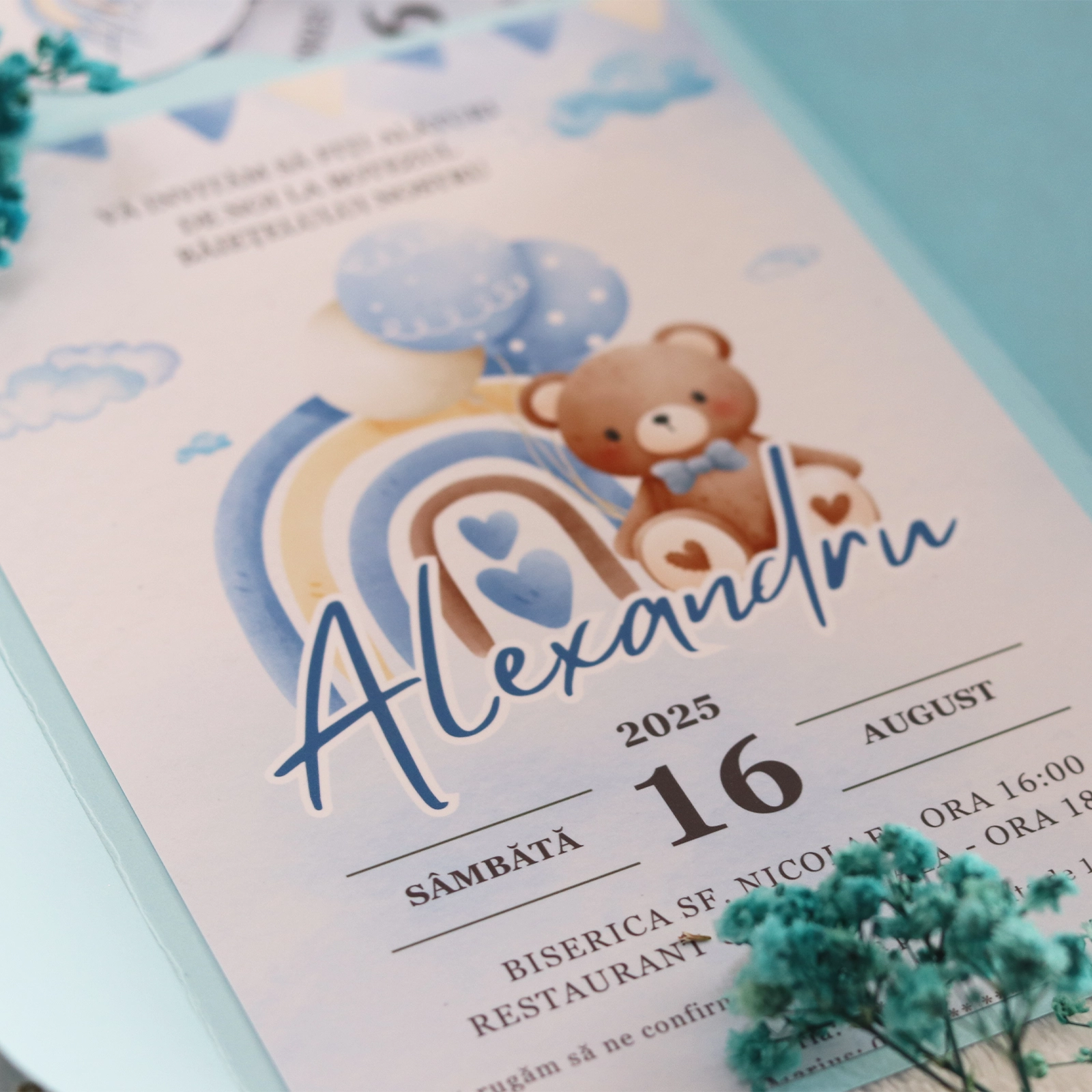 Invitație albastră botez cu ursuleț și plic [4]