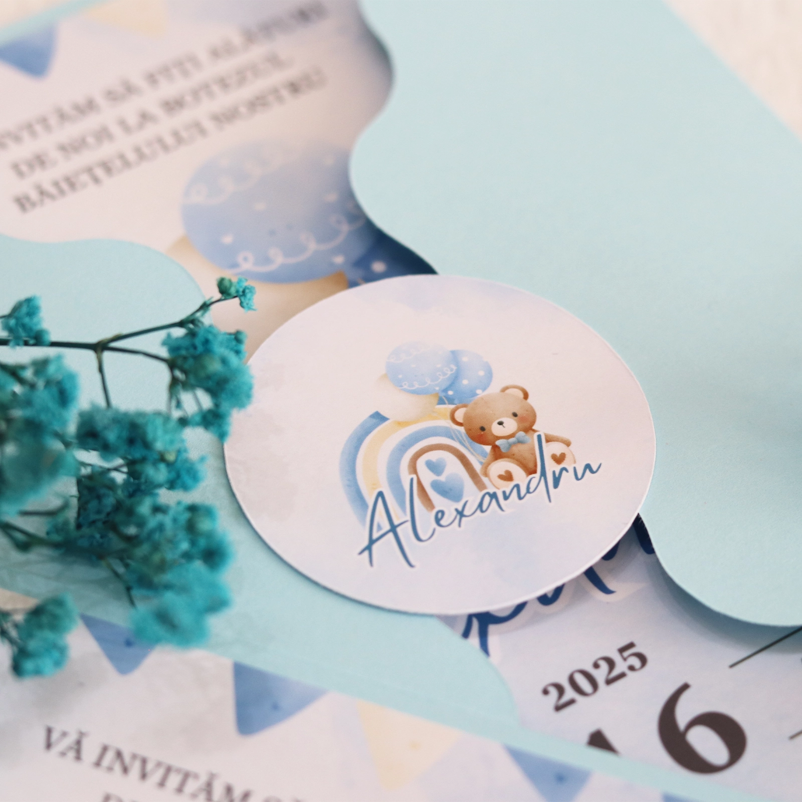 Invitație albastră botez cu ursuleț și plic [3]