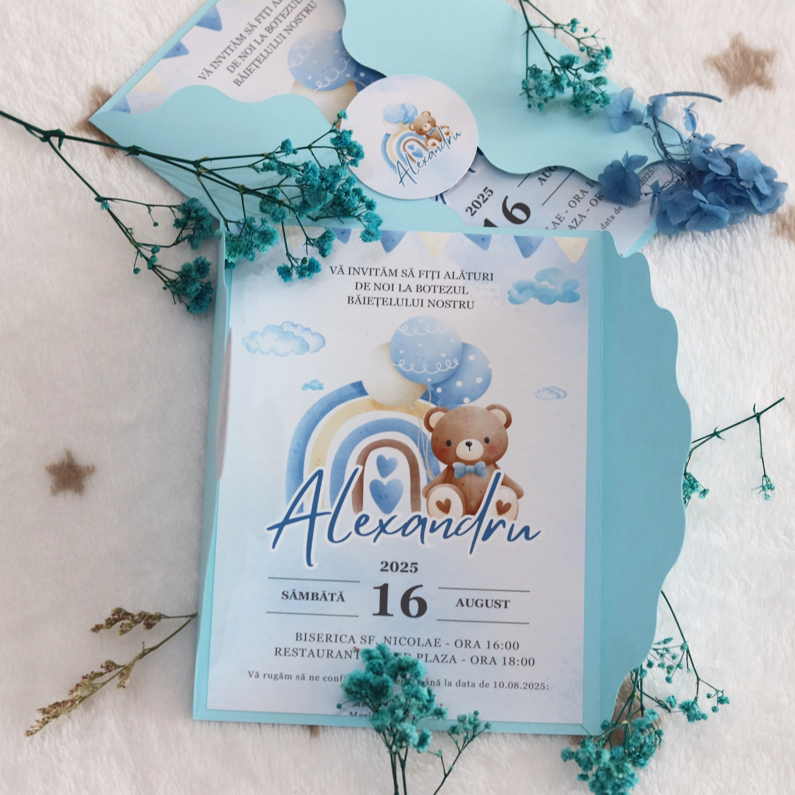 Invitație albastră botez cu ursuleț și plic [2]