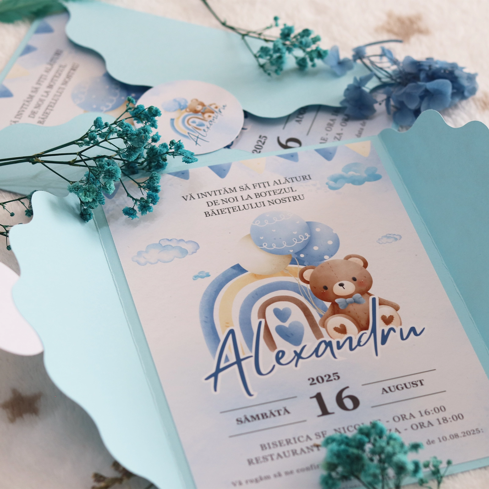 Invitație albastră botez cu ursuleț și plic [5]