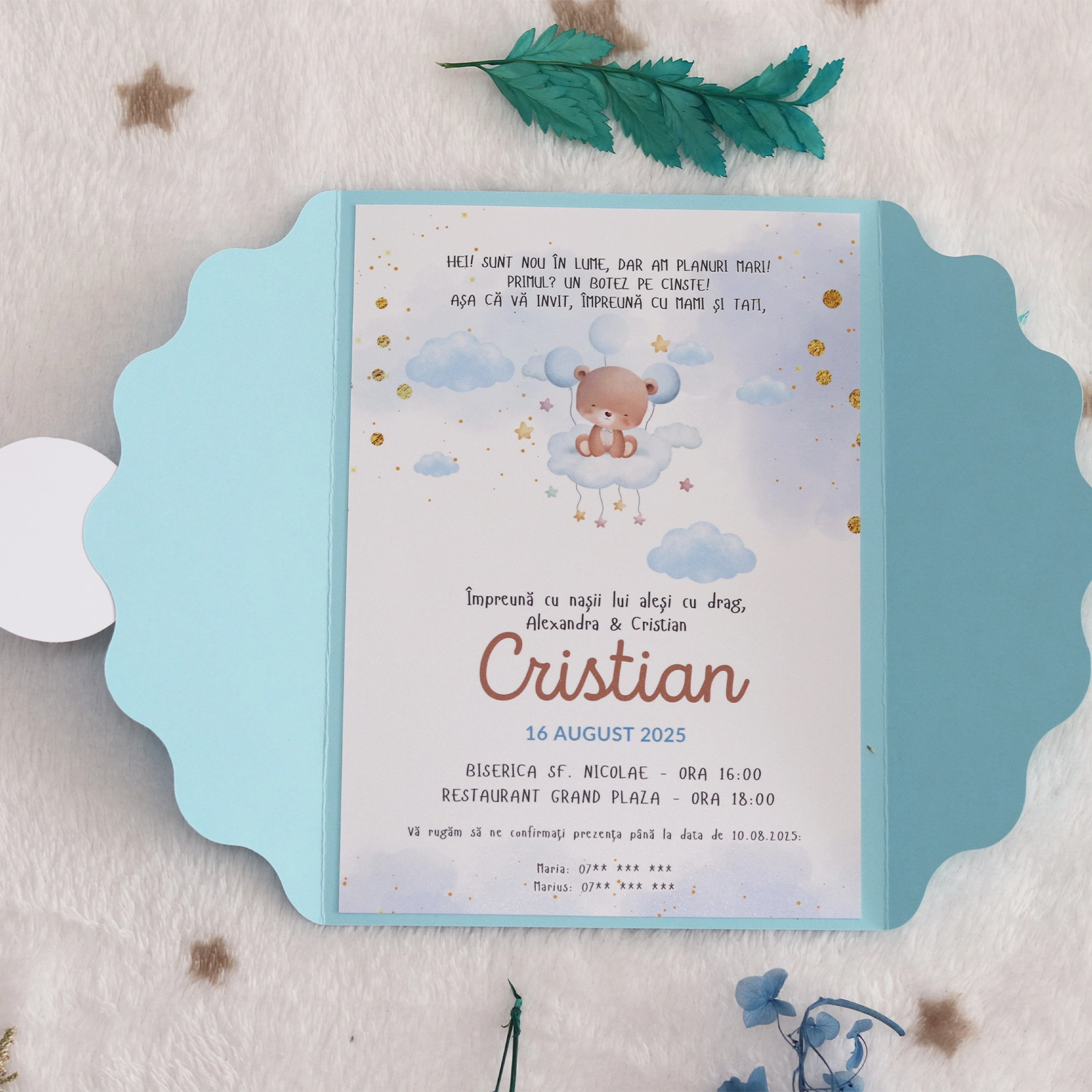 Invitație botez albastră cu ursuleț și plic [5]