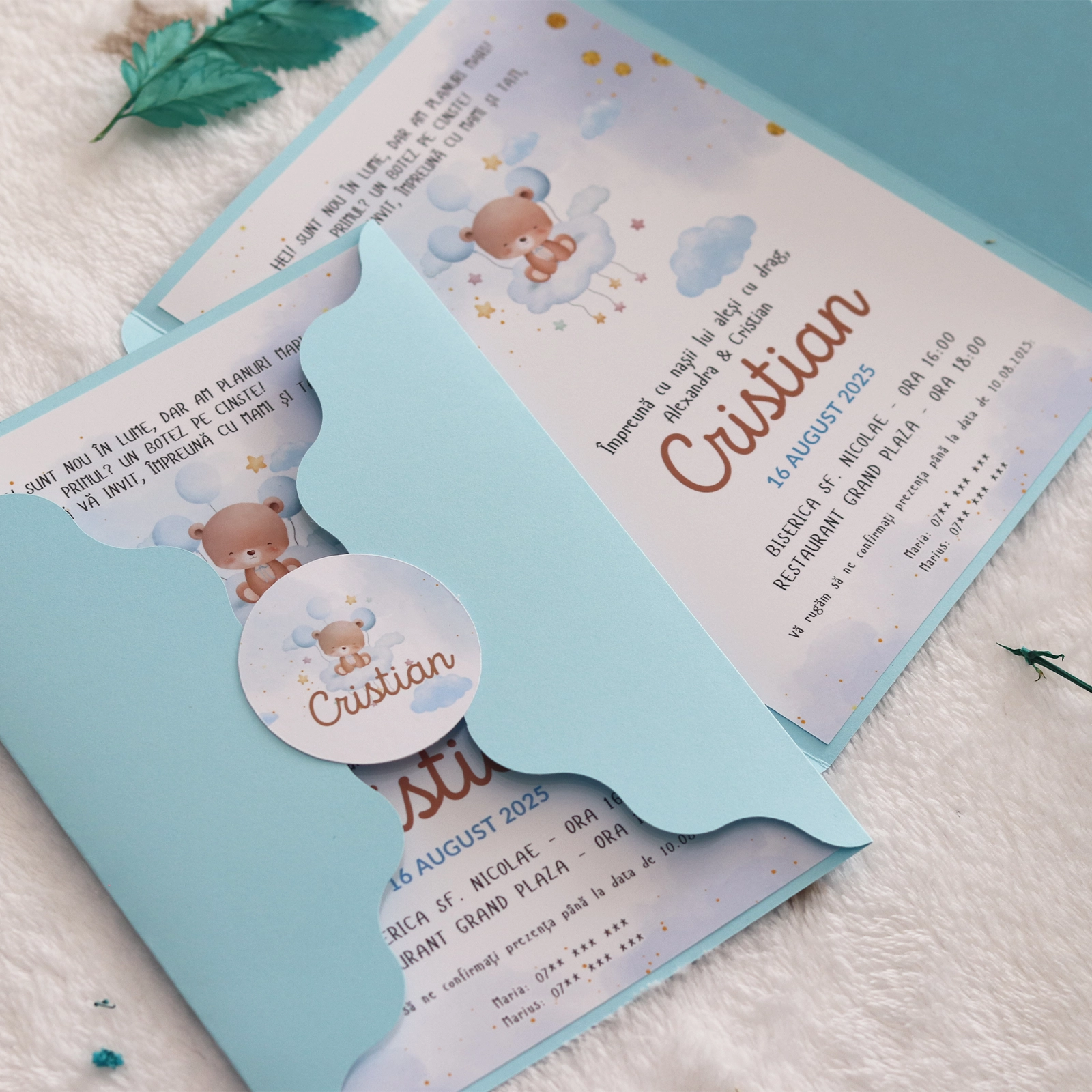 Invitație botez albastră cu ursuleț și plic [2]