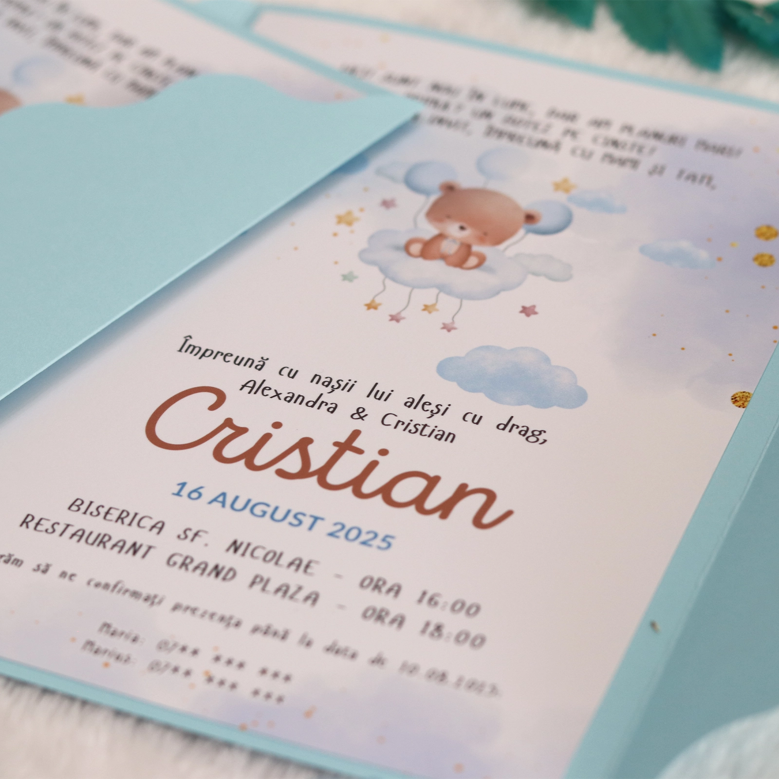 Invitație botez albastră cu ursuleț și plic [4]