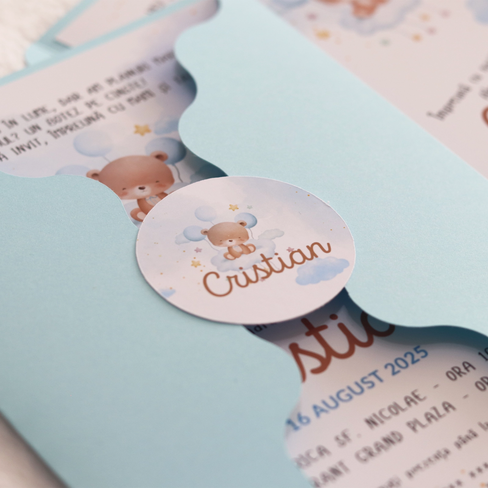 Invitație botez albastră cu ursuleț și plic [3]
