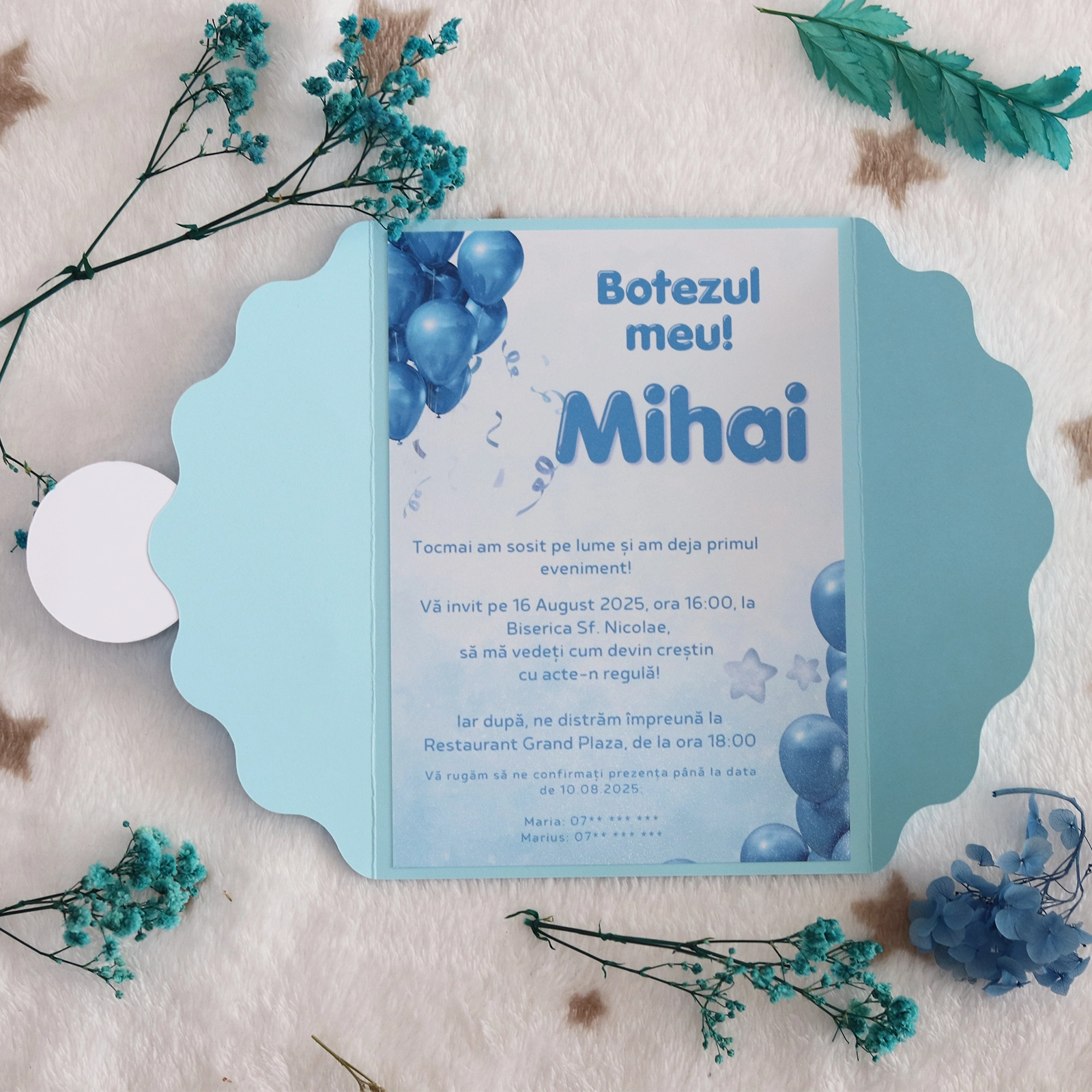 Invitație botez cu baloane și plic albastru [5]