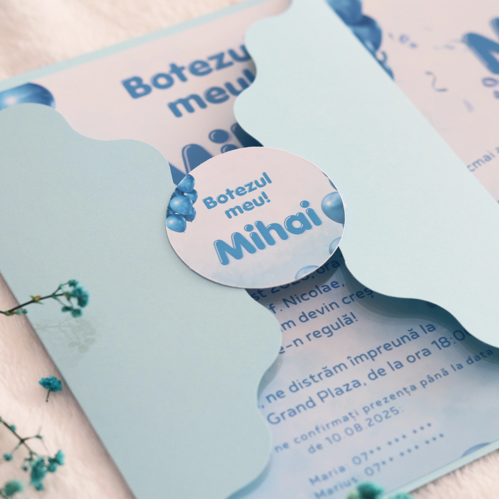 Invitație botez cu baloane și plic albastru [3]