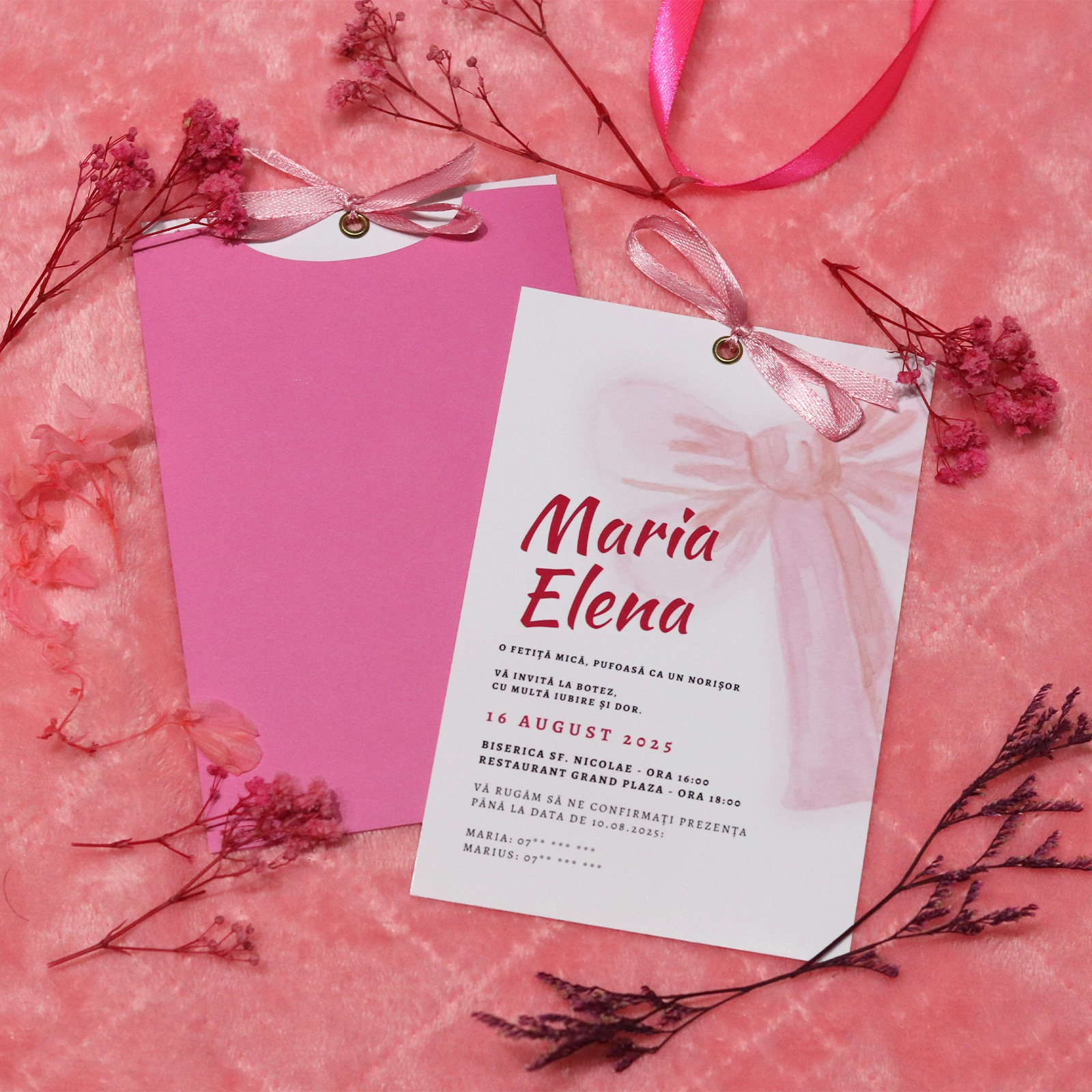 Invitație botez cu fundă și plic roz [1]