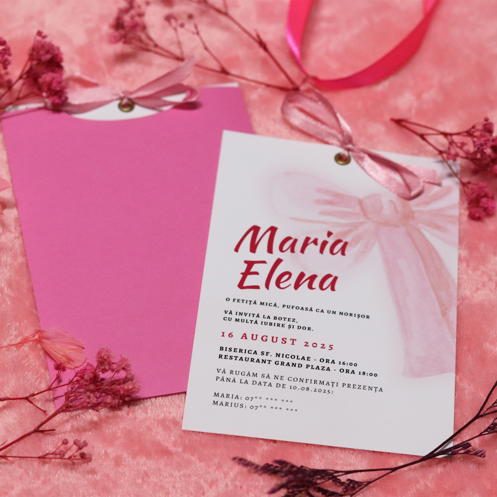 Invitație botez cu fundă și plic roz [4]