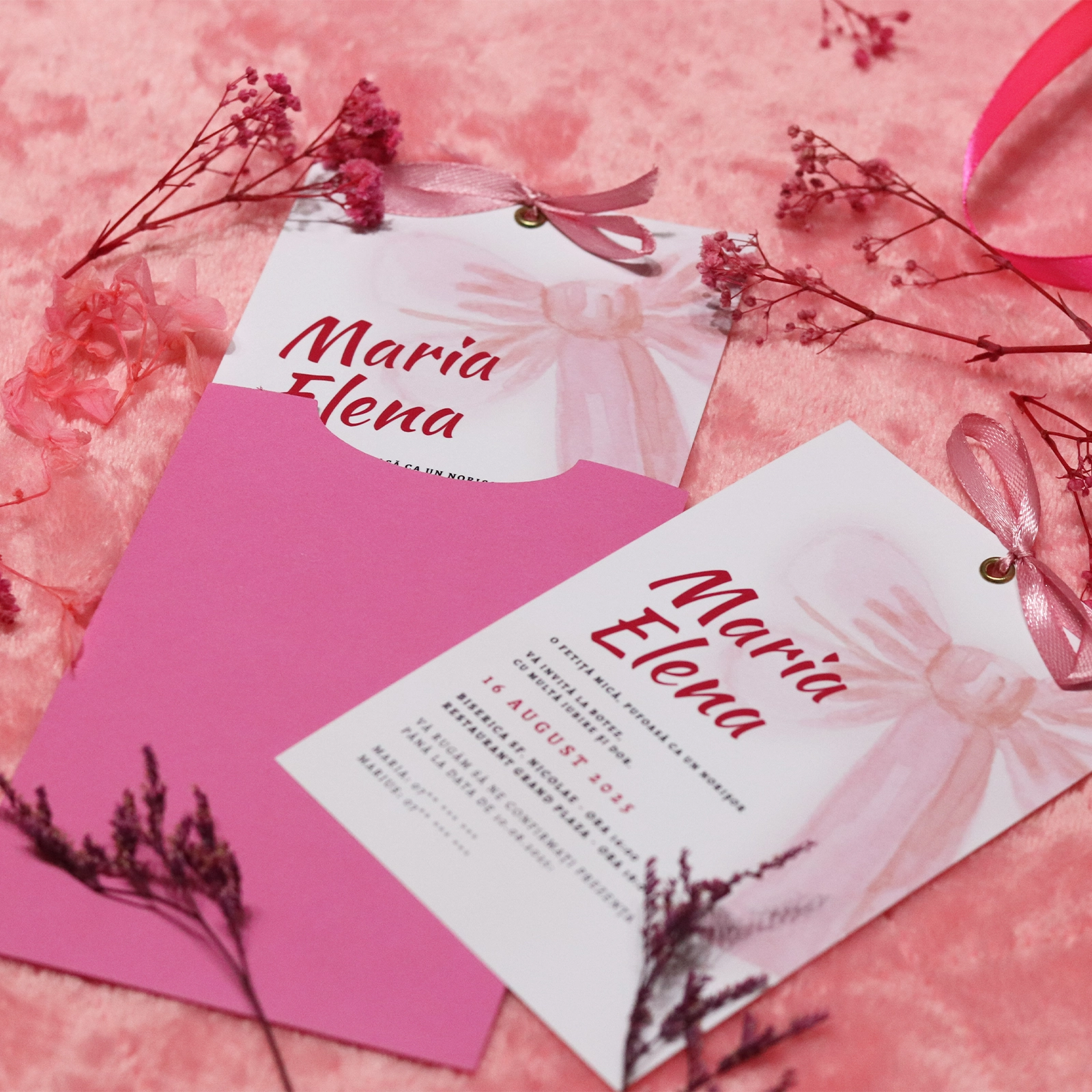 Invitație botez cu fundă și plic roz [5]