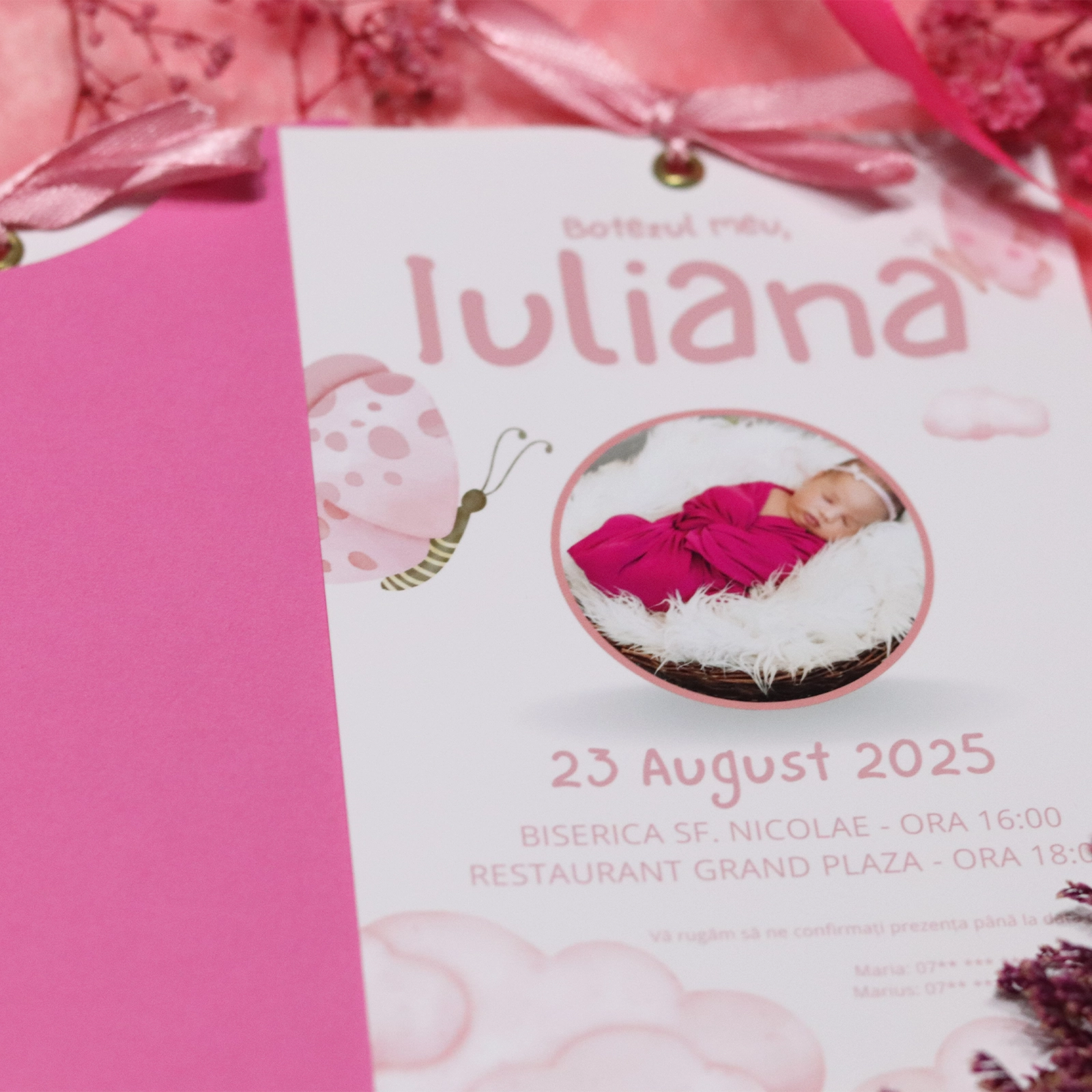 Invitație botez cu poză, fluturi și plic [3]