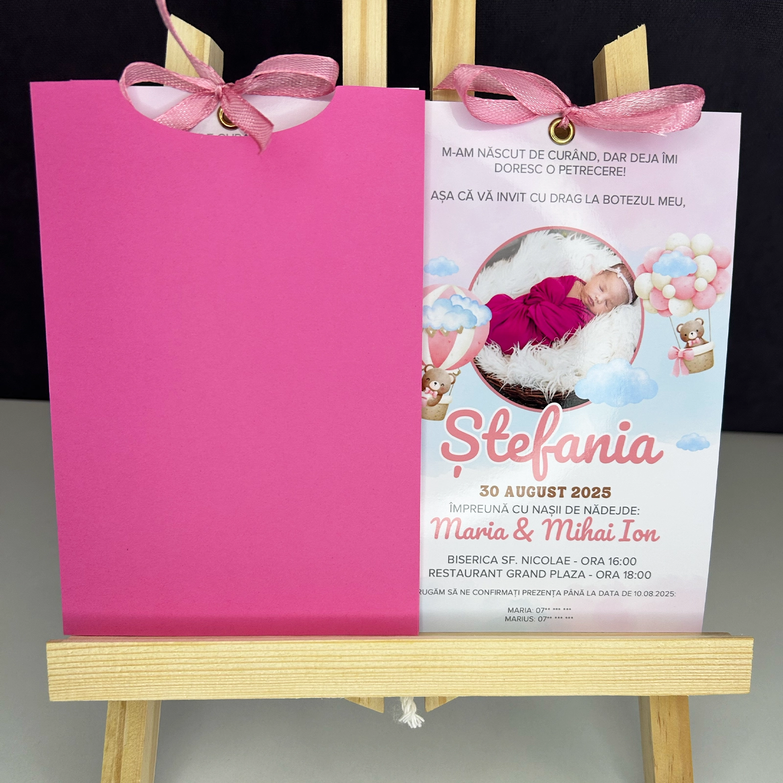Invitație botez roz cu poză și plic [1]