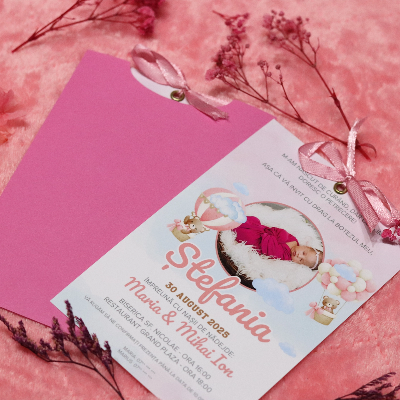Invitație botez roz cu poză și plic [3]