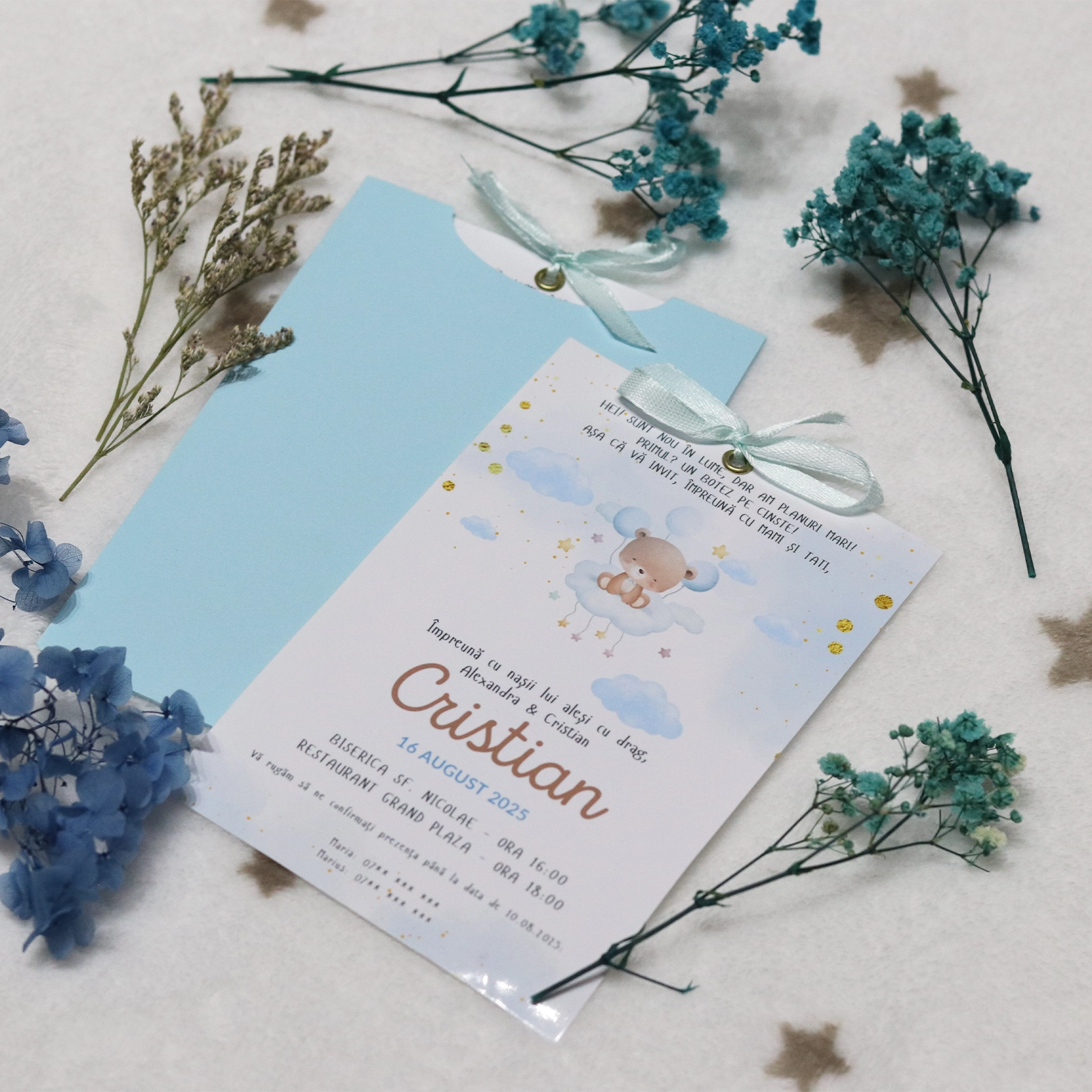 Invitație botez cu ursuleț și plic albastru [3]