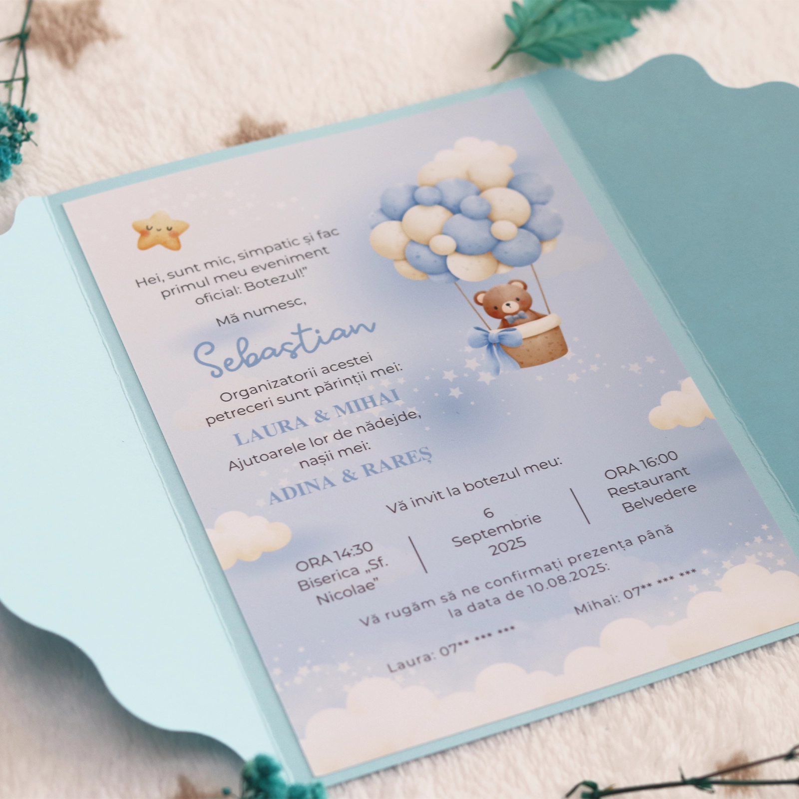 Invitație botez cu ursuleț și plic albastru [4]