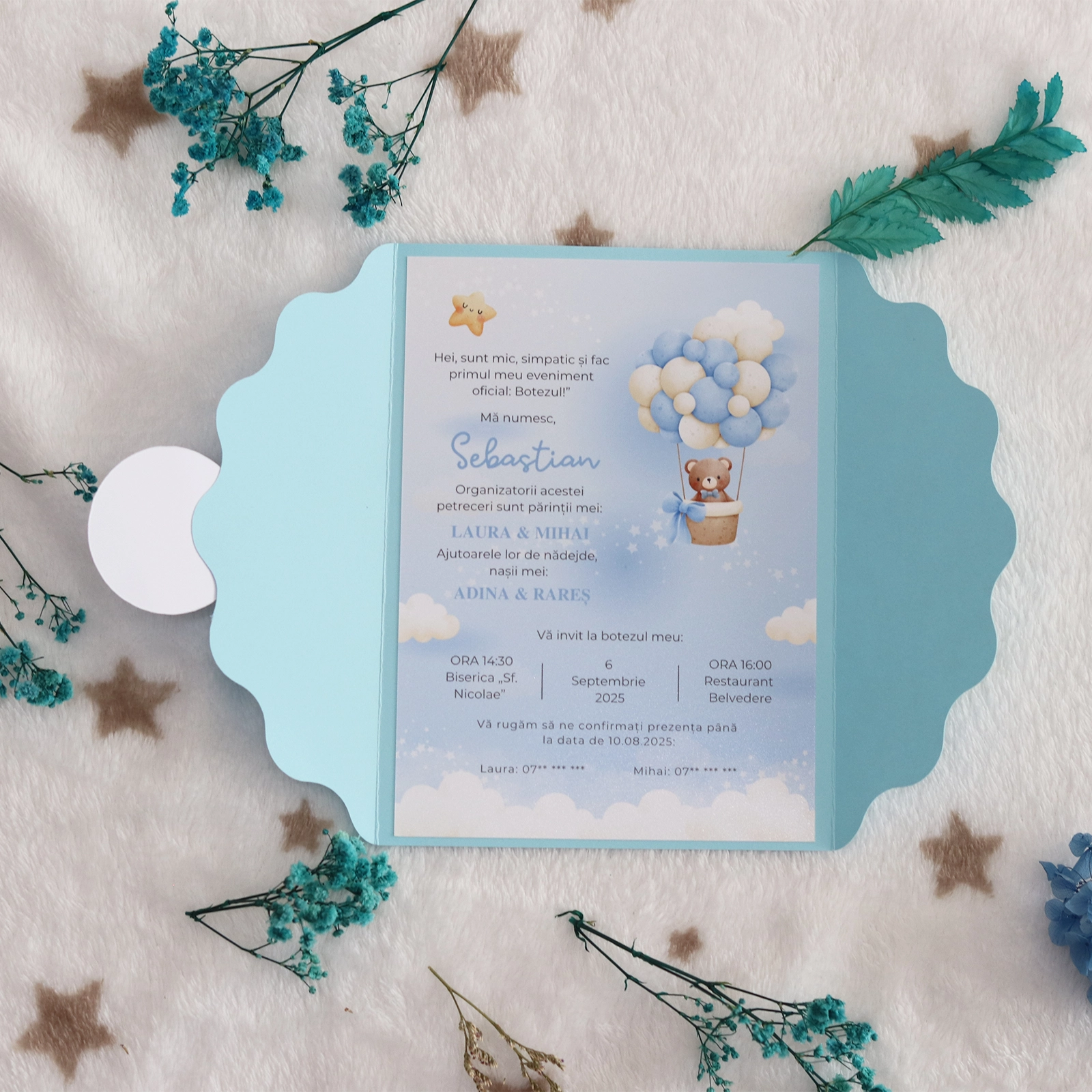 Invitație botez cu ursuleț și plic albastru [5]
