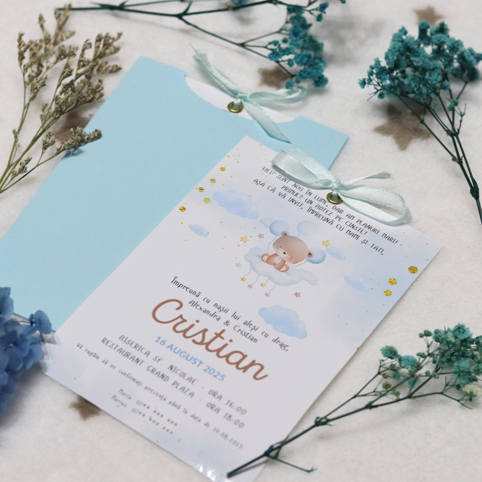 Invitație botez cu ursuleț și plic albastru [2]