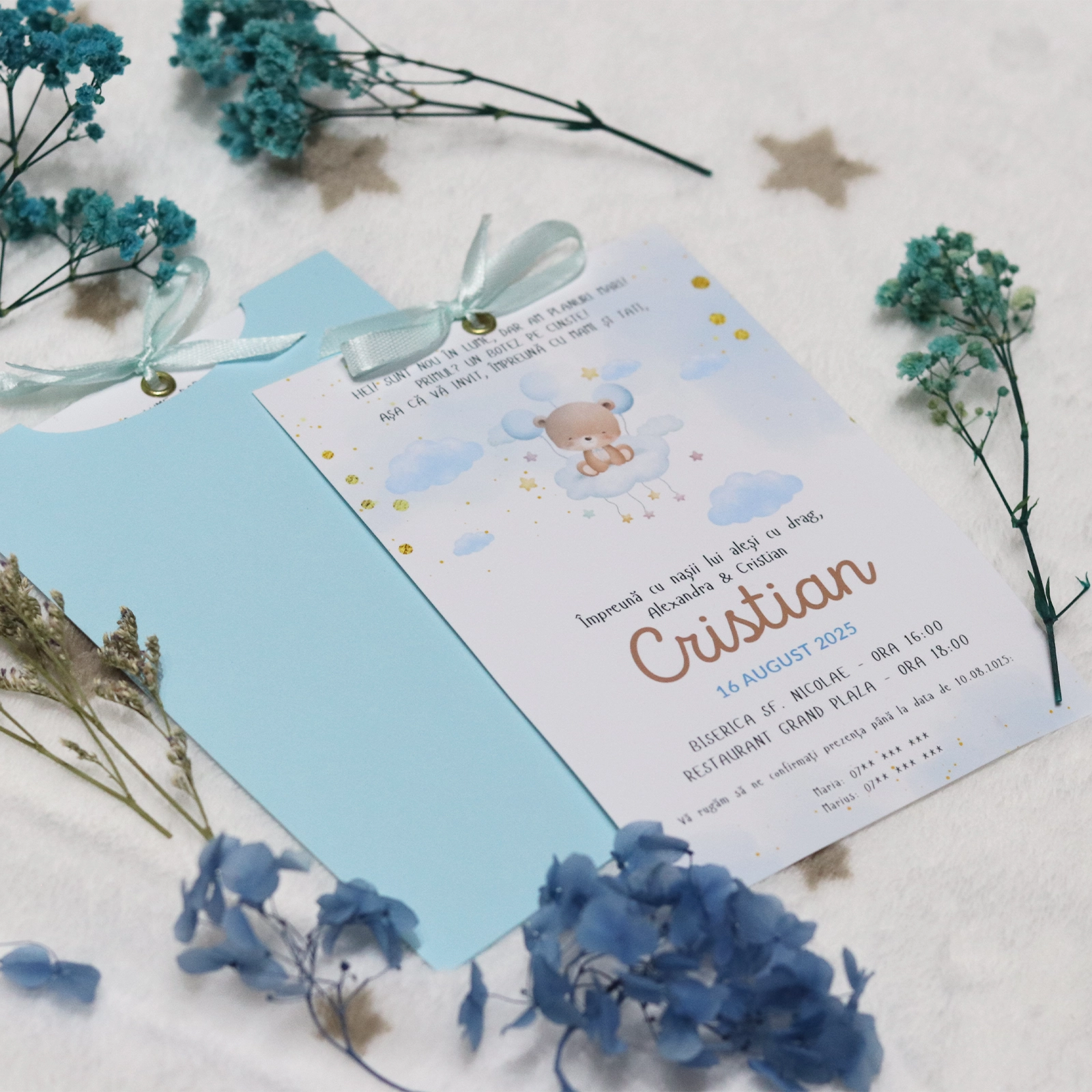 Invitație botez cu ursuleț și plic albastru [5]