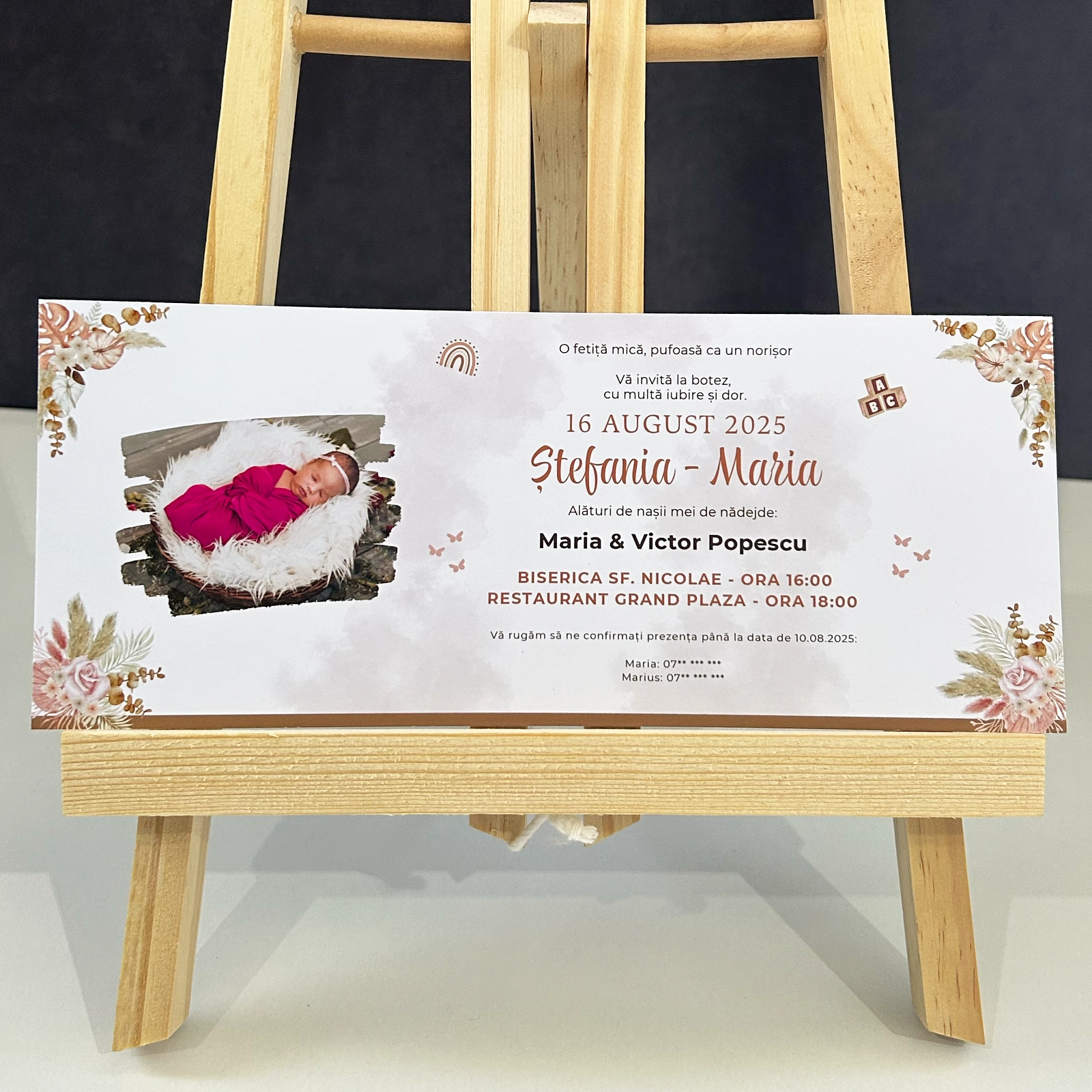 Invitație botez, model floral cu poză [3]