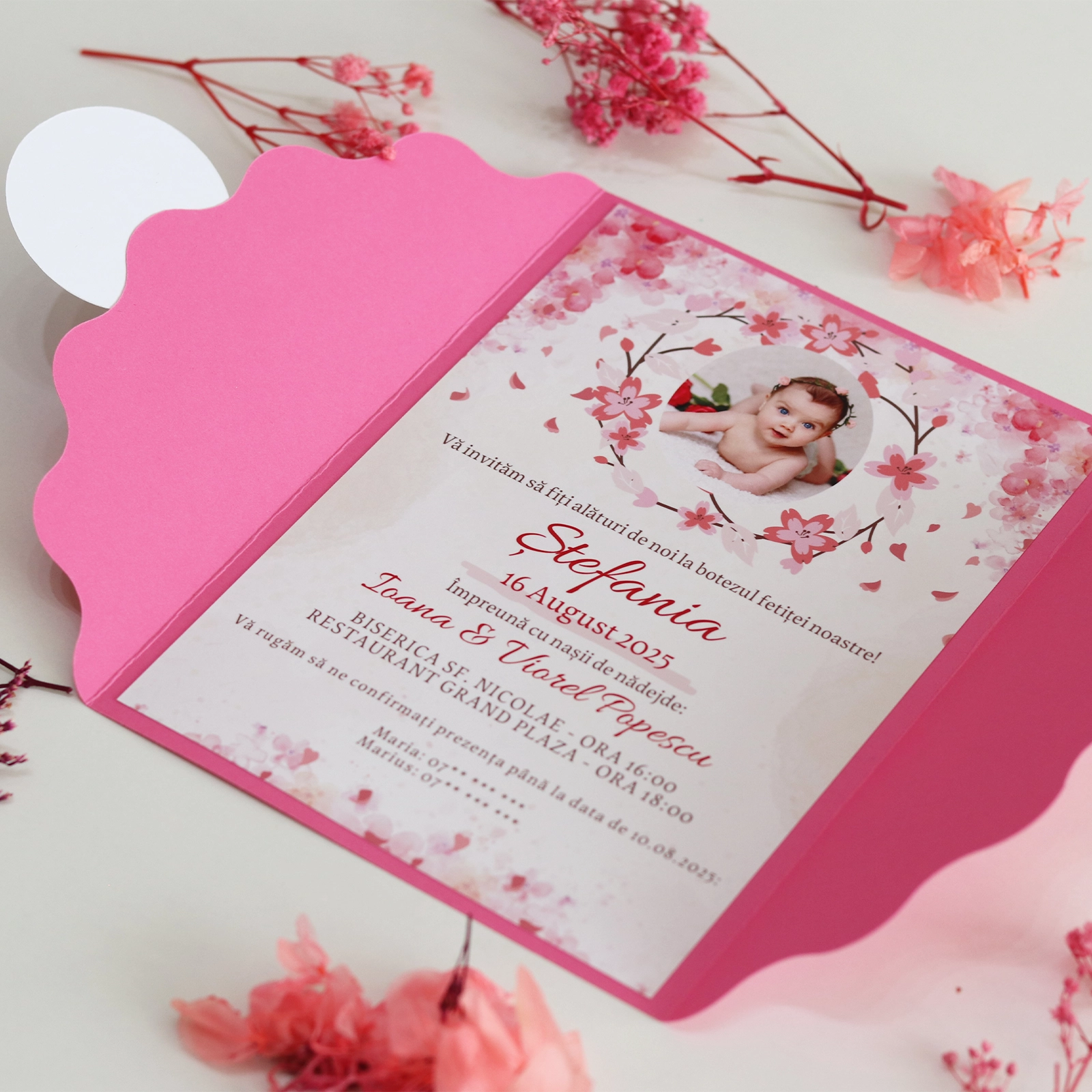 Invitație botez model floral roz cu plic [5]