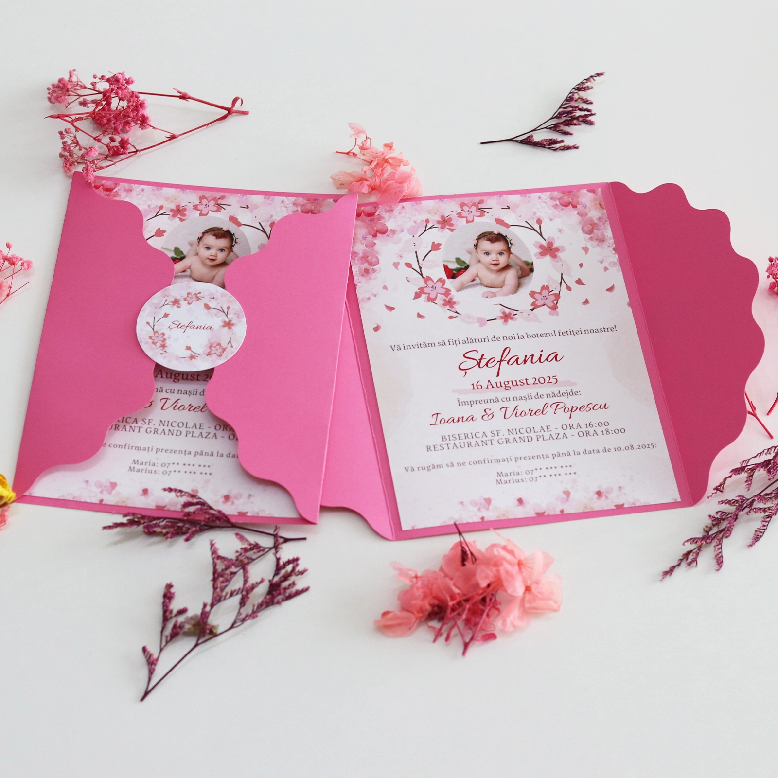 Invitație botez model floral roz cu plic [1]