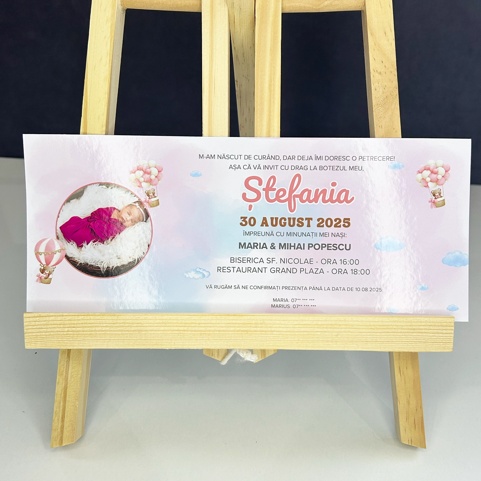 Invitație botez, roz cu poză și ursuleți [2]