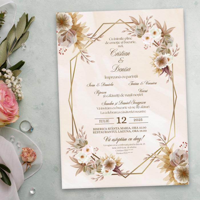 Invitație de nuntă, design floral cu plic auriu [2]