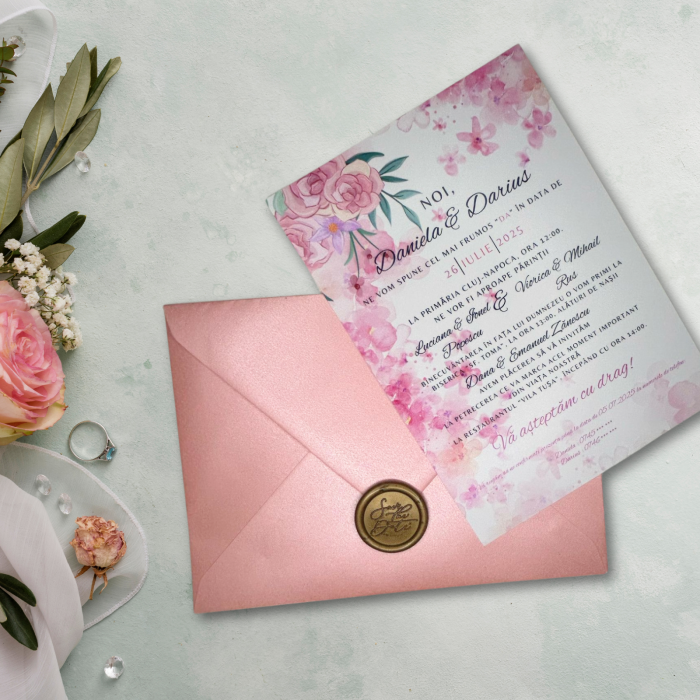Invitație de nuntă, design floral cu plic roz sidef [1]