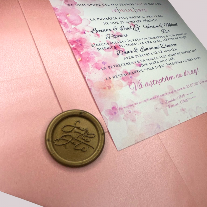 Invitație de nuntă, design floral cu plic roz sidef [3]