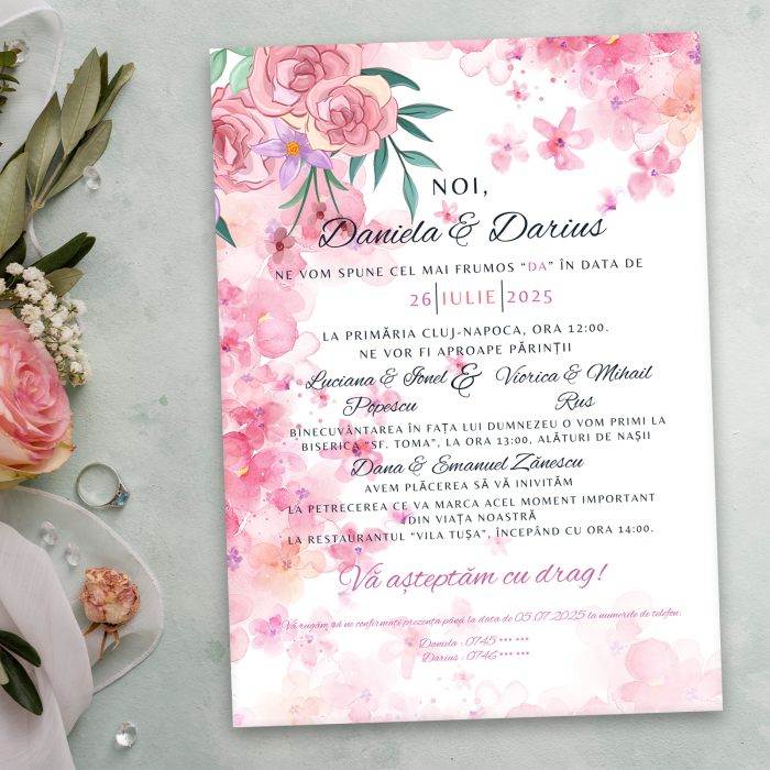 Invitație de nuntă, design floral cu plic roz sidef [2]
