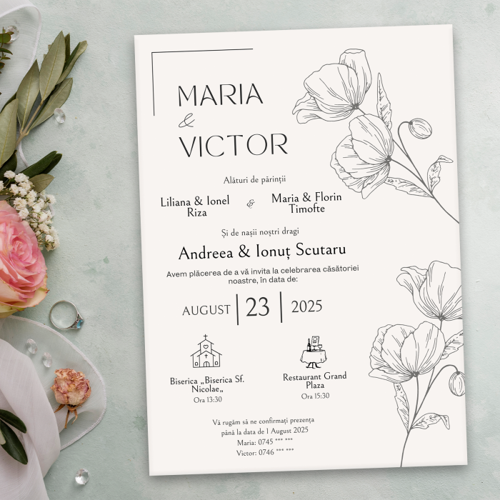 Invitație de nuntă, design floral vintage cu plic roz sidef [2]