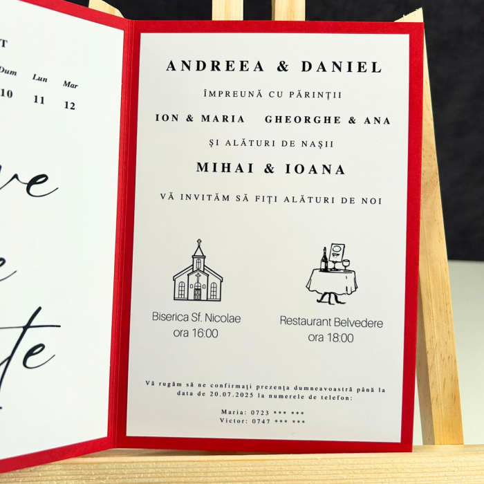 Invitație de nuntă minimalistă, pliabilă, cu toc roșu [3]