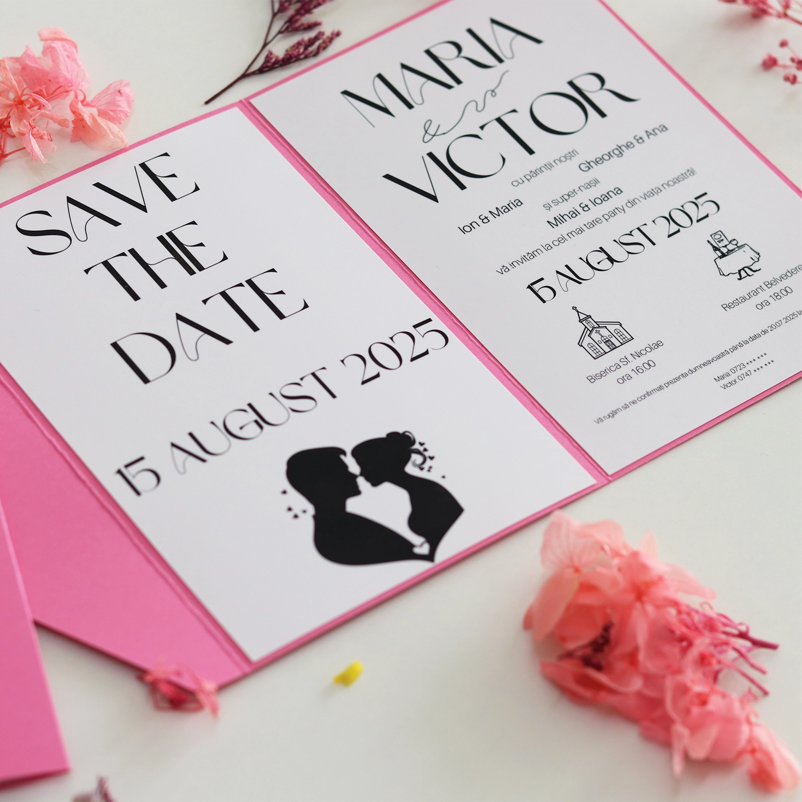 Invitație de nuntă minimalistă, pliabilă, cu toc roz [2]