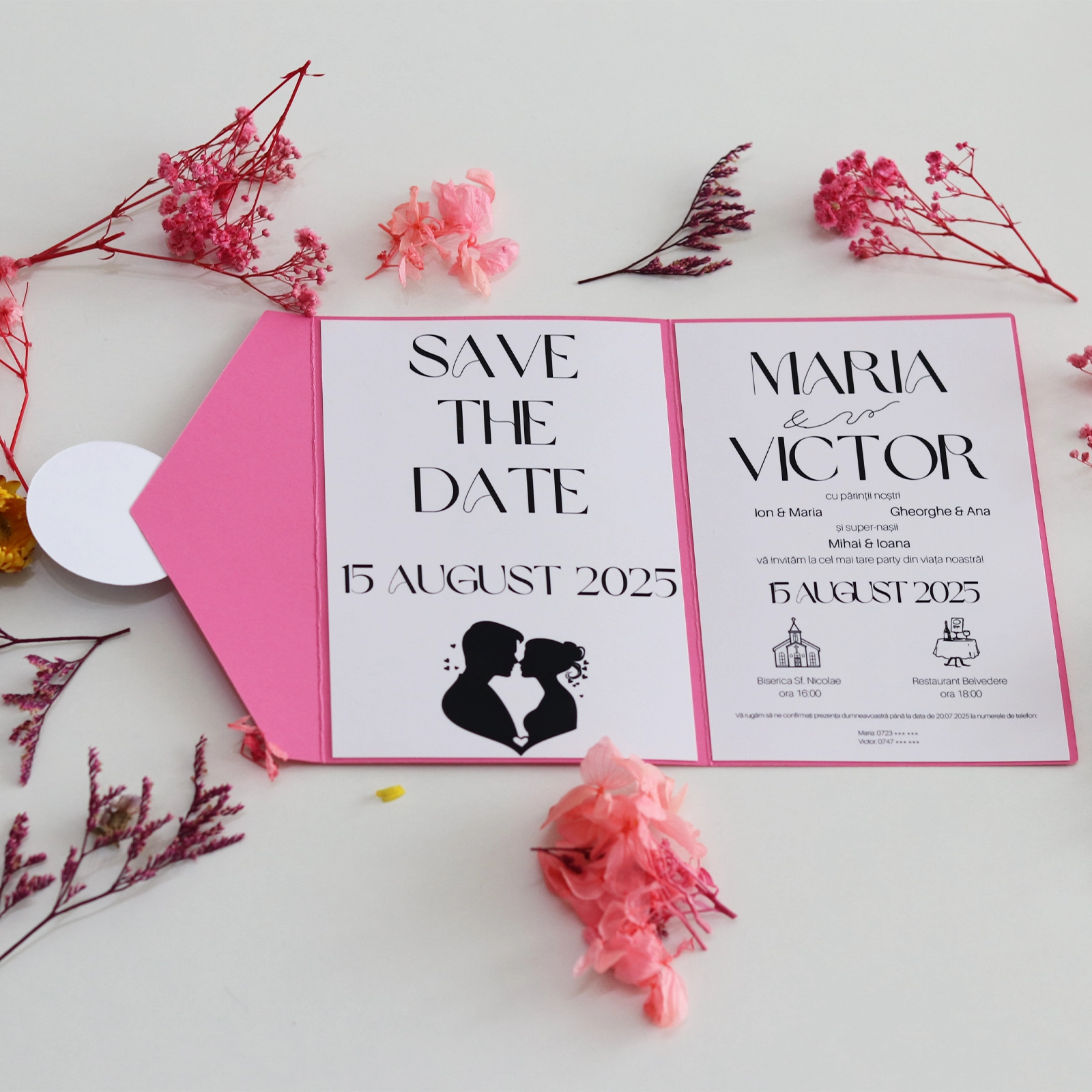 Invitație de nuntă minimalistă, pliabilă, cu toc roz [4]