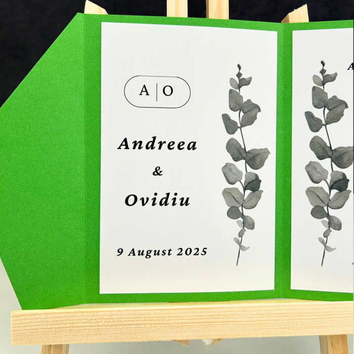 Invitație de nuntă minimalistă, pliabilă, cu toc verde [3]