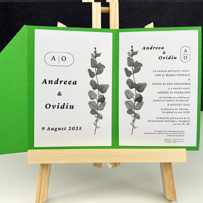 Invitație de nuntă minimalistă, pliabilă, cu toc verde [2]